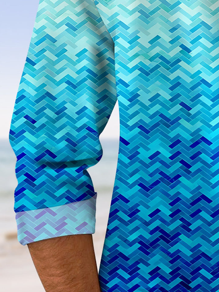 Alohadaddy Geometric Pattern Gradient Button Pocket Casual Long Sleeve Shirt