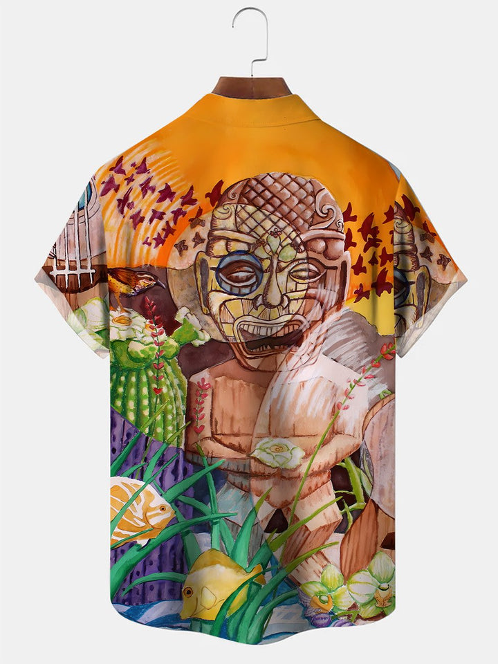 Alohadaddy Tiki Totem Stone Statue Coconut Tree Button Pocket Casual Short Sleeve Shirt