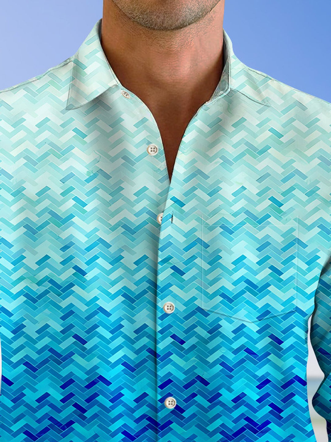 Alohadaddy Geometric Pattern Gradient Button Pocket Casual Long Sleeve Shirt