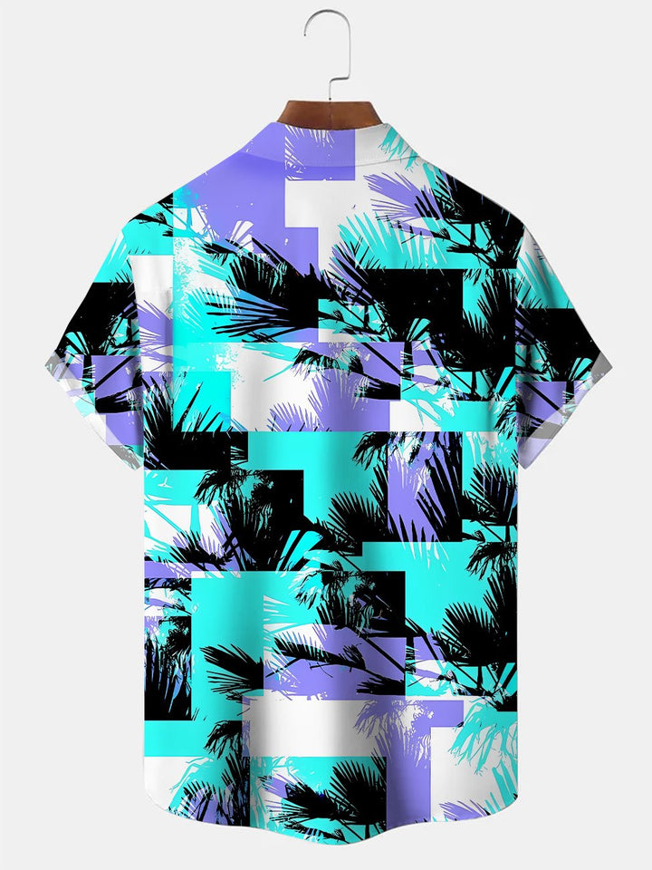 Alohadaddy Geometric Coconut Tree Contrast Color 3D Digital Printing Button Pocket Casual Short Sleeve Shirt