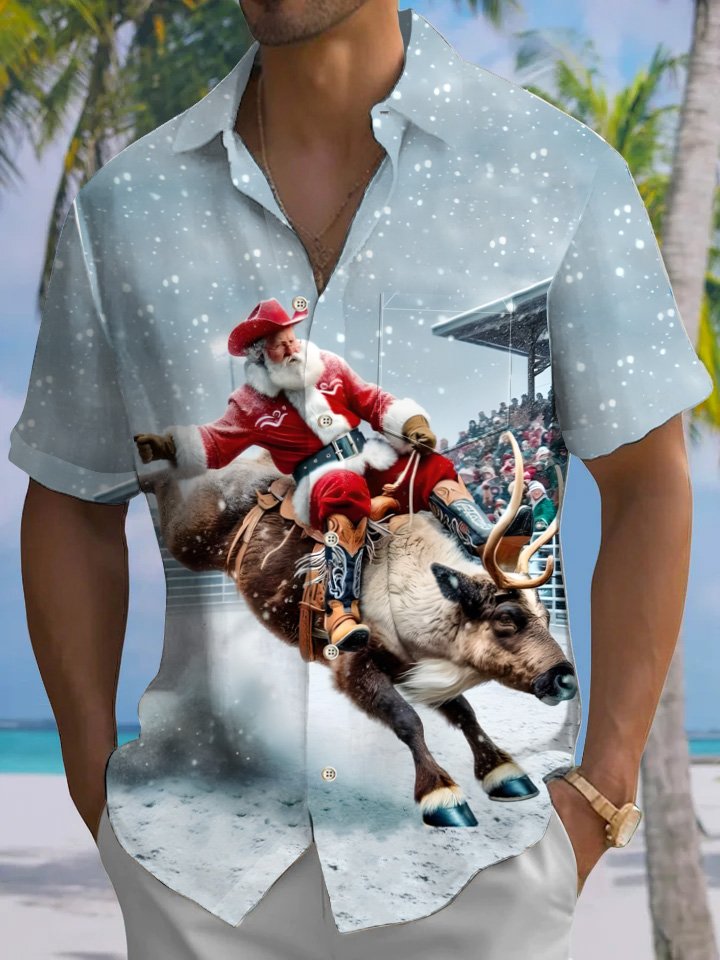 Chemise décontractée à manches courtes avec poche à boutons Alohadaddy Christmas Santa Bullfight