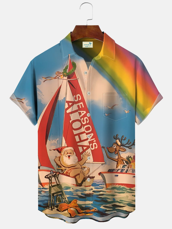 Alohadaddy Christmas Beach Party Button Pocket Casual Vacation Shirt
