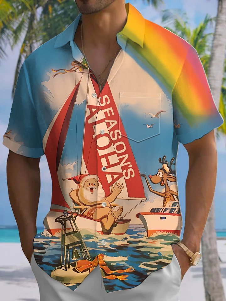 Alohadaddy Christmas Beach Party Button Pocket Casual Vacation Shirt