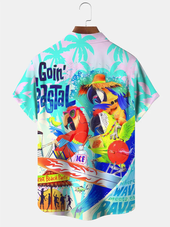 Alohadaddy Parrot Beach Coconut Tree Button Pocket Leisure Vacation Shirt