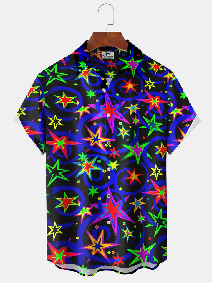 Alohadaddy Christmas Fluorescent Star Button Pocket Casual Short Sleeve Shirt