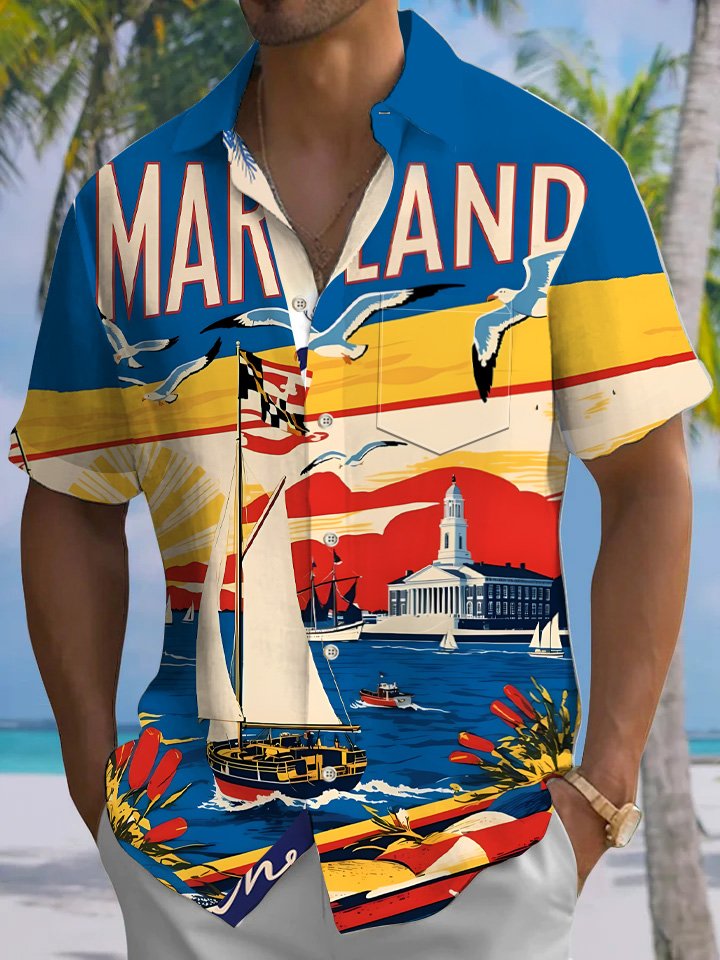 Camisa informal de manga corta con bolsillo y botones con texto de puesta de sol y navegación en la playa de Alohadaddy