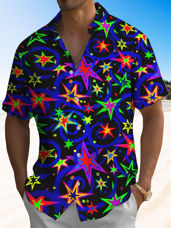 Alohadaddy Christmas Fluorescent Star Button Pocket Casual Short Sleeve Shirt