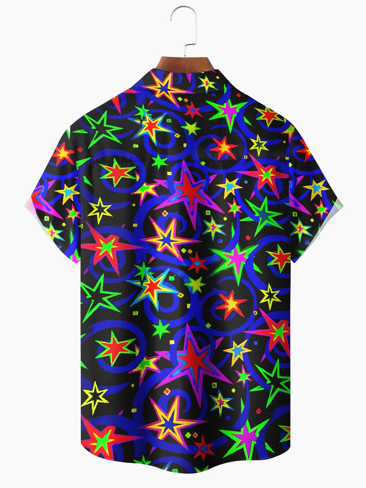 Alohadaddy Christmas Fluorescent Star Button Pocket Casual Short Sleeve Shirt