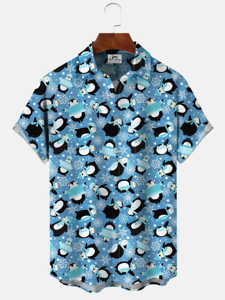 Alohadaddy Christmas Snowman Penguin Button Pocket Casual Short Sleeve Shirt