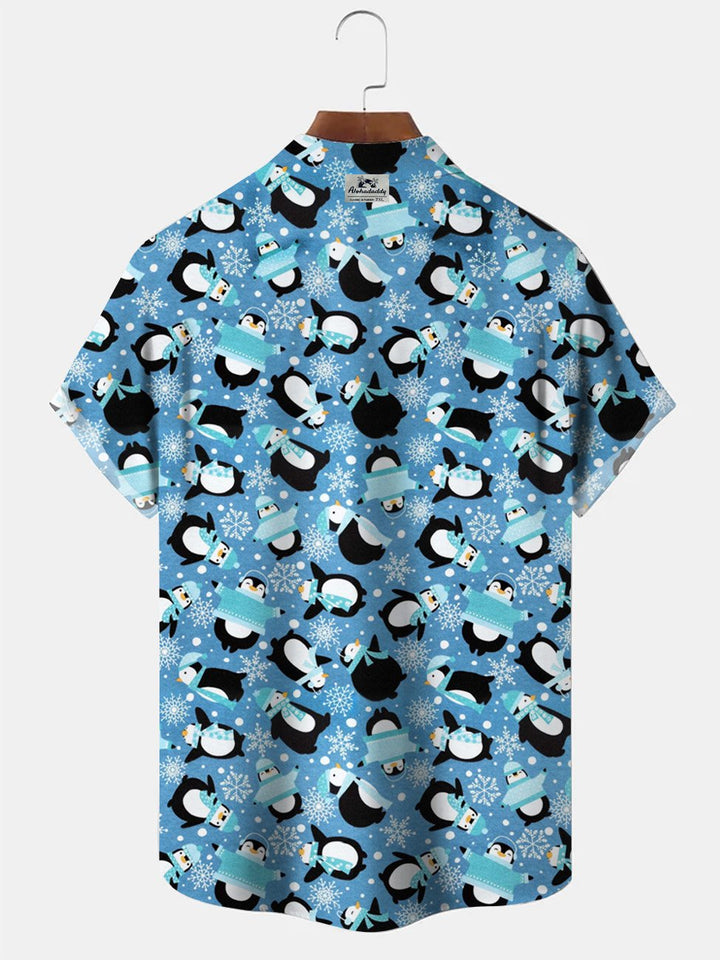 Alohadaddy Christmas Snowman Penguin Button Pocket Casual Short Sleeve Shirt