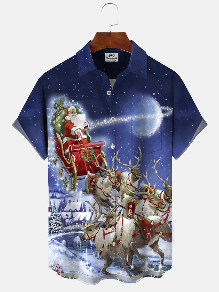 Alohadaddy Christmas Moon Santa Elk Button Pocket Casual Short Sleeve Shirt