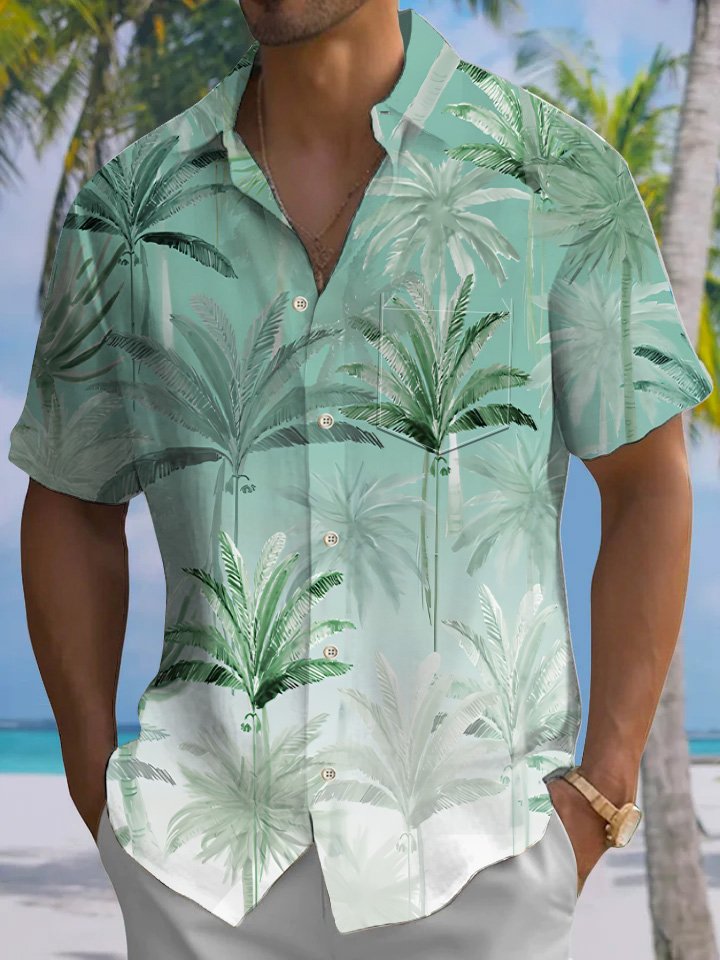 Camisa informal de manga corta con bolsillos abotonados y diseño de árbol de coco degradado de Alohadaddy