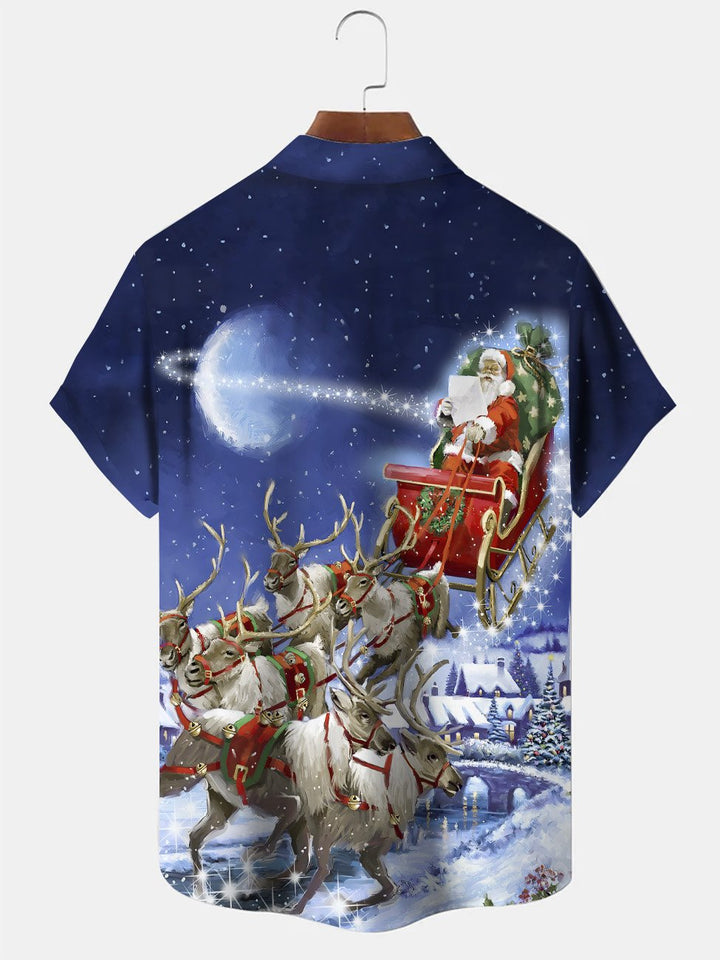 Alohadaddy Christmas Moon Santa Elk Button Pocket Casual Short Sleeve Shirt