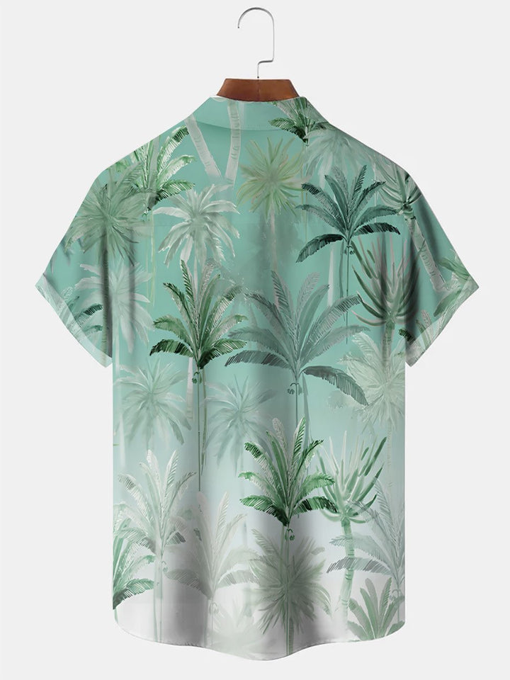 Camisa informal de manga corta con bolsillos abotonados y diseño de árbol de coco degradado de Alohadaddy