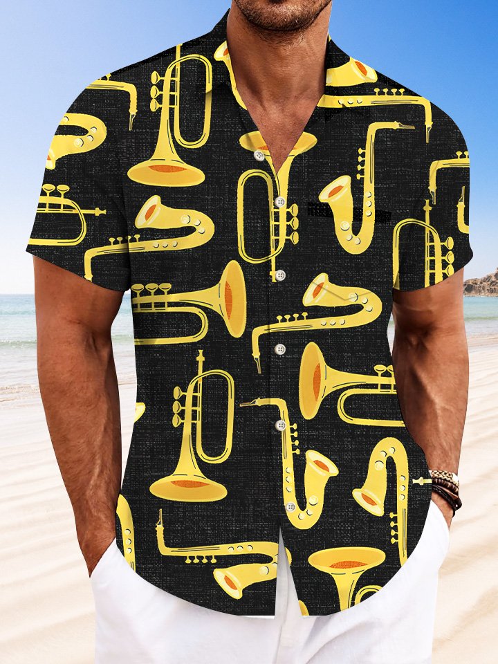 Alohadaddy Music Jazz Contrast Button Pocket Casual Short Sleeve Shirt