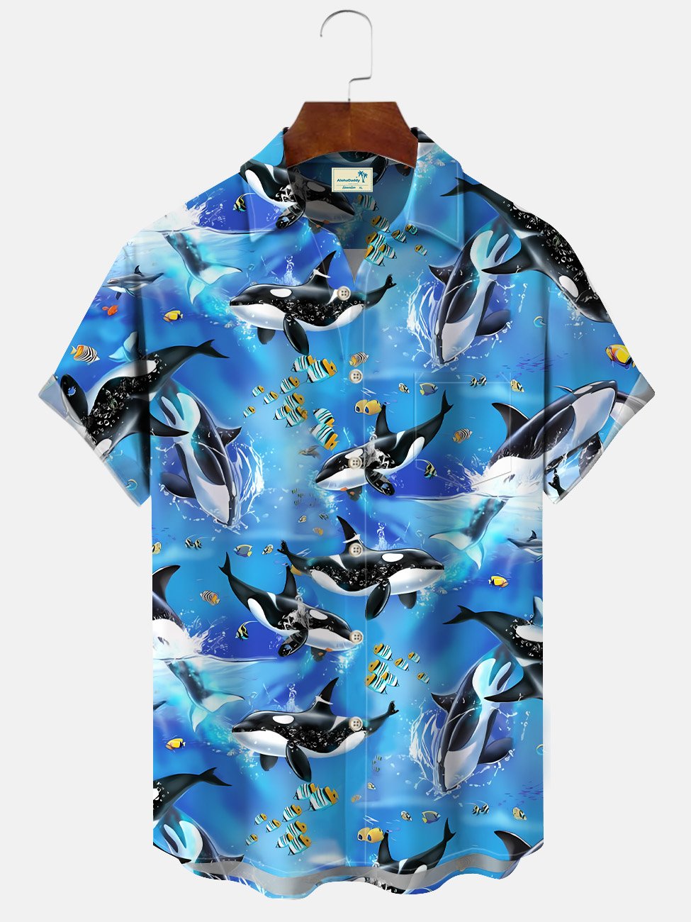 Camisa informal de manga corta con bolsillos y botones con diseño de ballena y cocotero de Alohadaddy