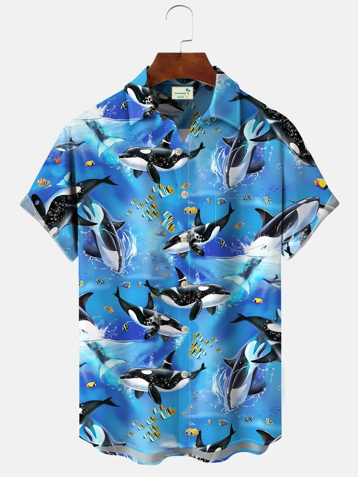 Camisa informal de manga corta con bolsillos y botones con diseño de ballena y cocotero de Alohadaddy