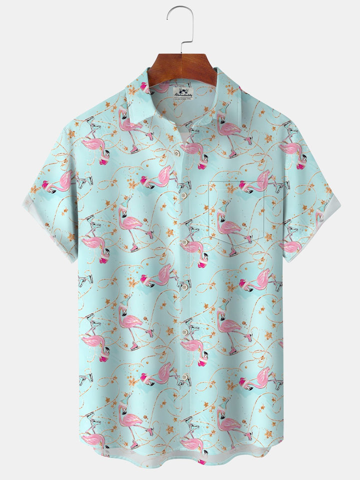 Alohadaddy Beach Flamingo Christmas Button Pocket Casual Short Sleeve Shirt