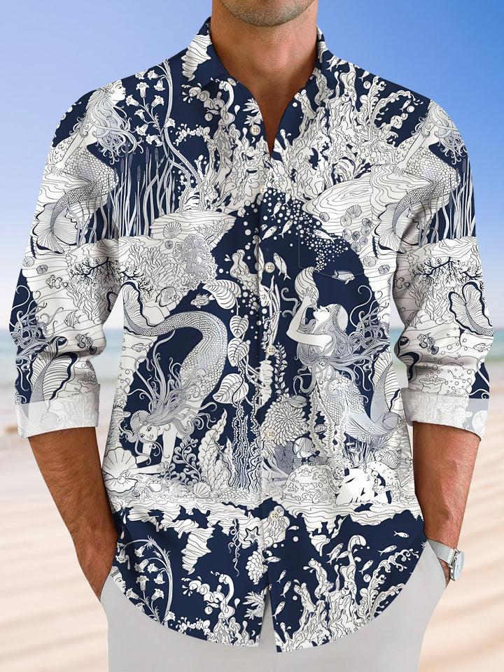 Alohadaddy Ethnic Style Mermaid Line Geometry Button Pocket Casual Long Sleeve Shirt