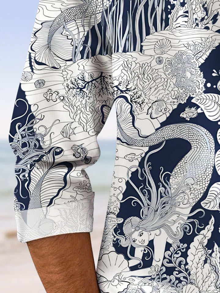 Alohadaddy Ethnic Style Mermaid Line Geometry Button Pocket Casual Long Sleeve Shirt