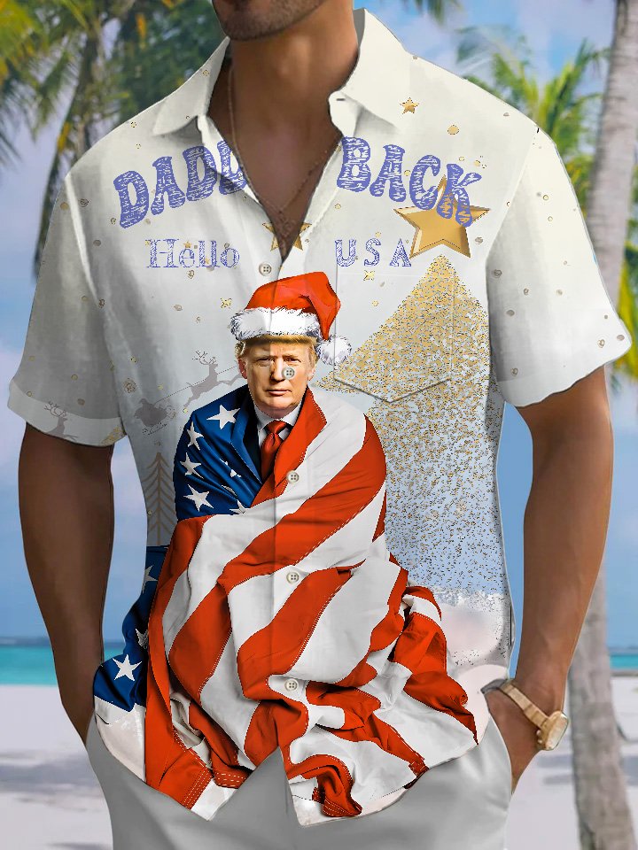 Alohadaddy Christmas Trump Flag Button Pocket Casual Short Sleeve Shirt