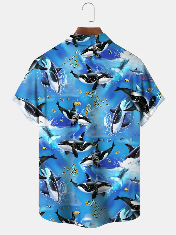 Camisa informal de manga corta con bolsillos y botones con diseño de ballena y cocotero de Alohadaddy