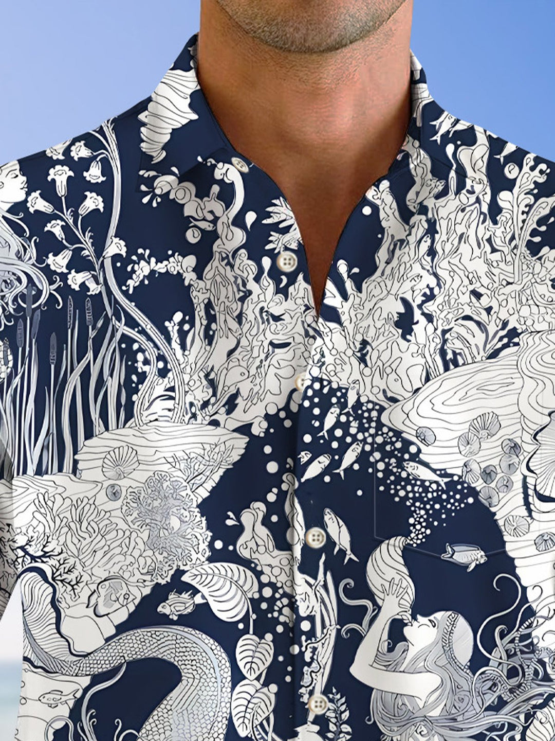 Alohadaddy Ethnic Style Mermaid Line Geometry Button Pocket Casual Long Sleeve Shirt