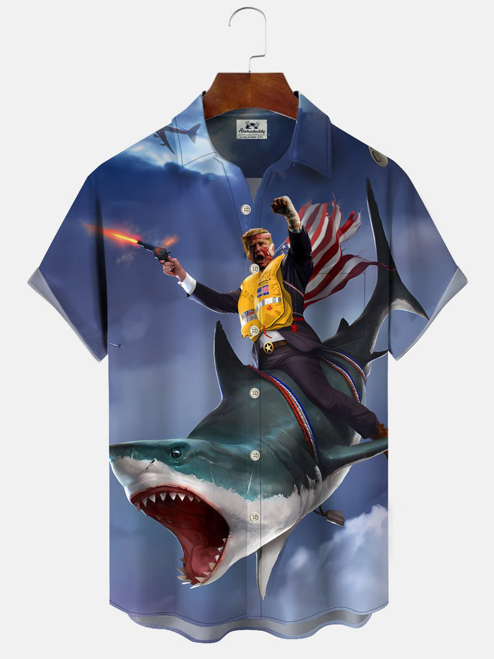 Camisa informal de manga corta con bolsillo y botones con diseño de tiburón y animales del océano de Alohadaddy