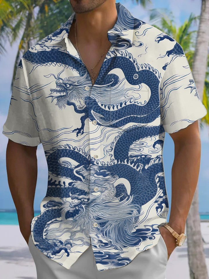 Alohadaddy Animal Vintage Dragon Button Pocket Casual Short Sleeve Shirt