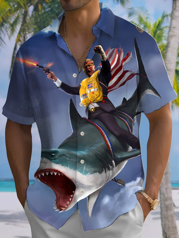 Camisa informal de manga corta con bolsillo y botones con diseño de tiburón y animales del océano de Alohadaddy