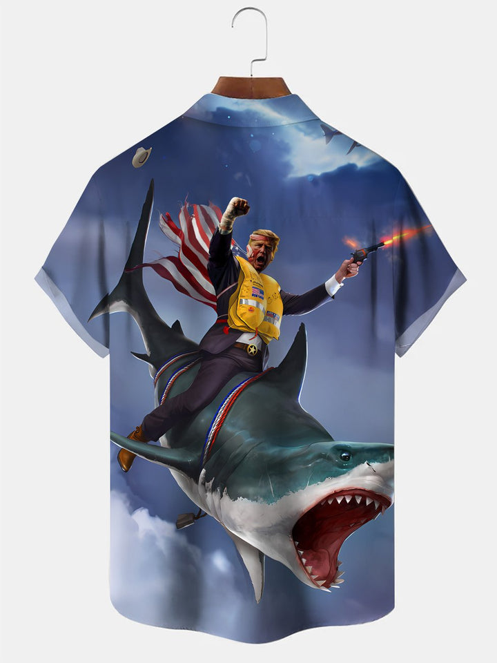Camisa informal de manga corta con bolsillo y botones con diseño de tiburón y animales del océano de Alohadaddy