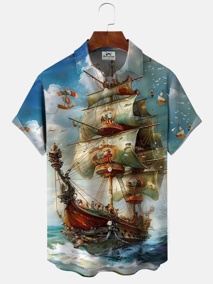 Alohadaddy Ocean Boat Vintage Button Pocket Casual Vacation Shirt