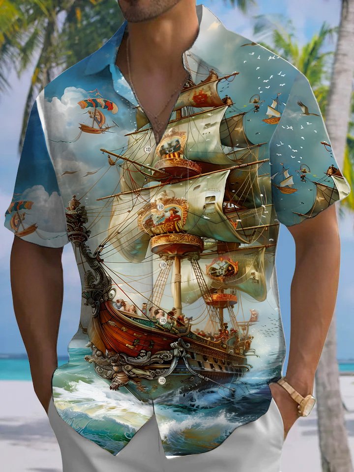 Alohadaddy Ocean Boat Vintage Button Pocket Casual Vacation Shirt