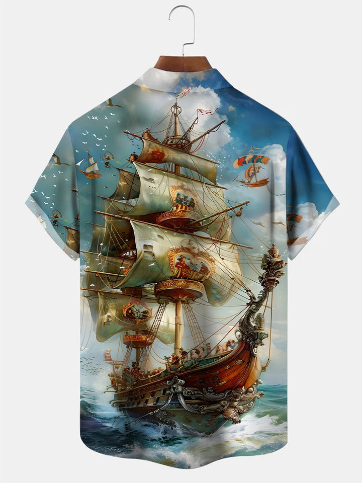 Alohadaddy Ocean Boat Vintage Button Pocket Casual Vacation Shirt