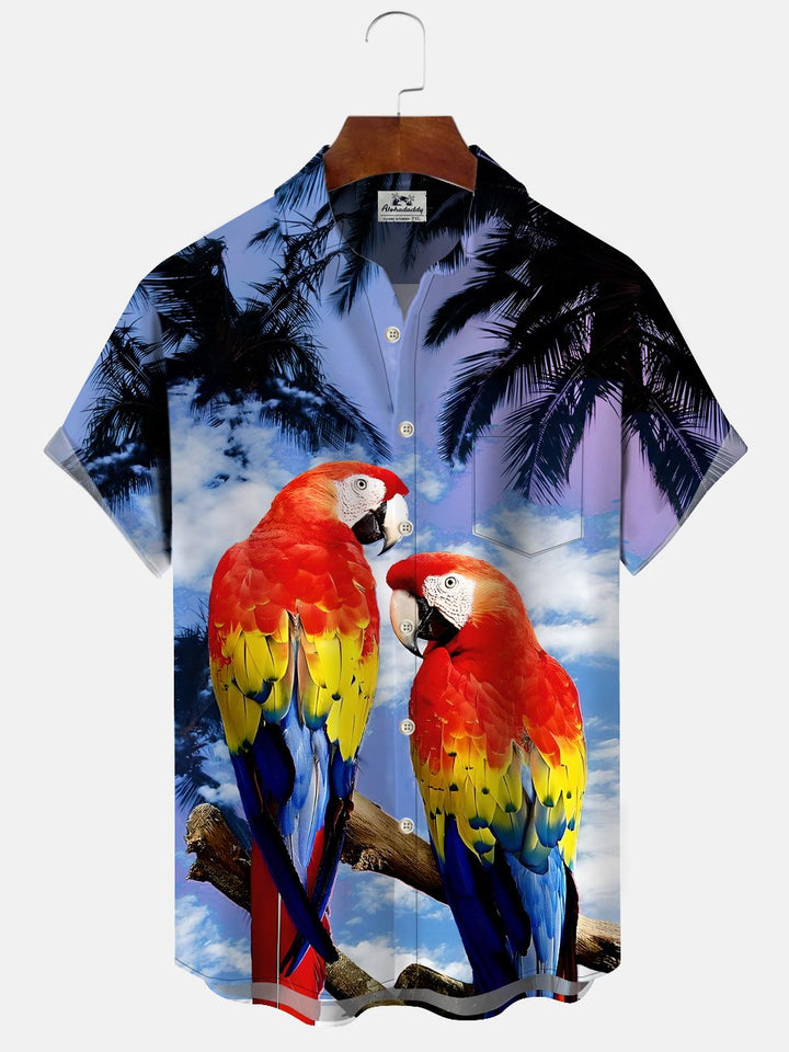 Alohadaddy Coconut Tree Parrot Beach Button Pocket Leisure Vacation Shirt