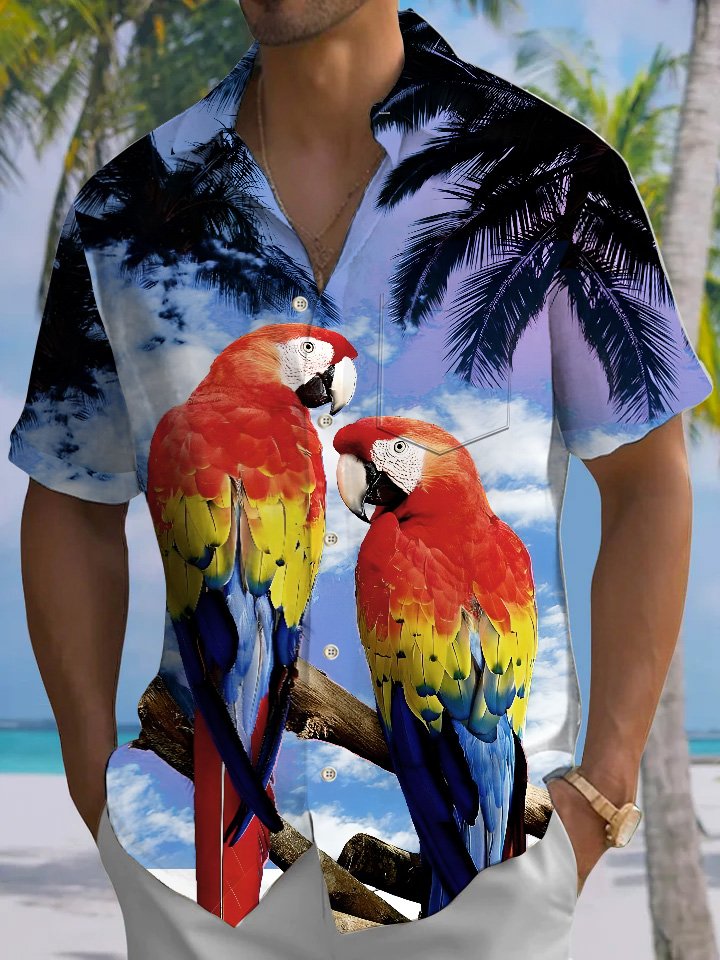 Alohadaddy Coconut Tree Parrot Beach Button Pocket Leisure Vacation Shirt