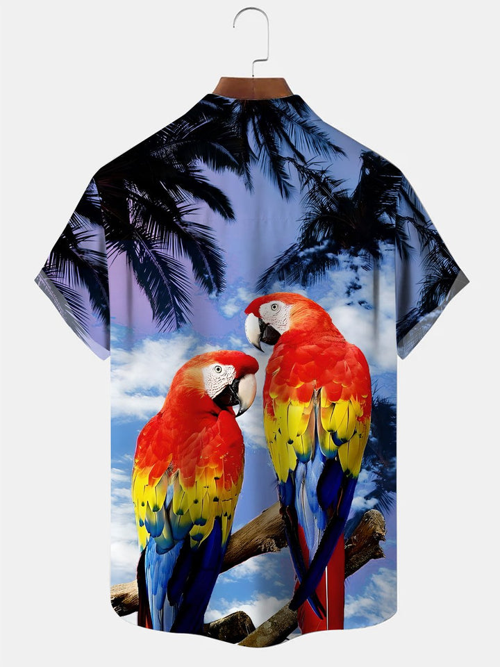 Alohadaddy Coconut Tree Parrot Beach Button Pocket Leisure Vacation Shirt