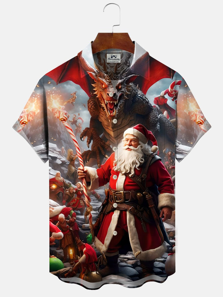 Alohadaddy Christmas Dragon Button Pocket Casual Short Sleeve Shirt