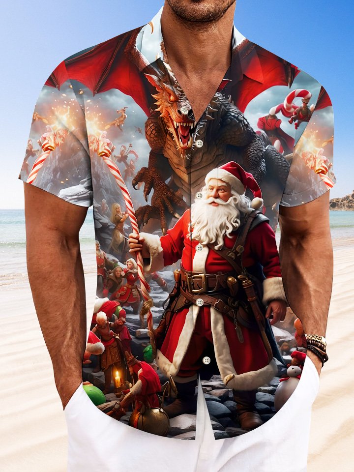 Alohadaddy Christmas Dragon Button Pocket Casual Short Sleeve Shirt