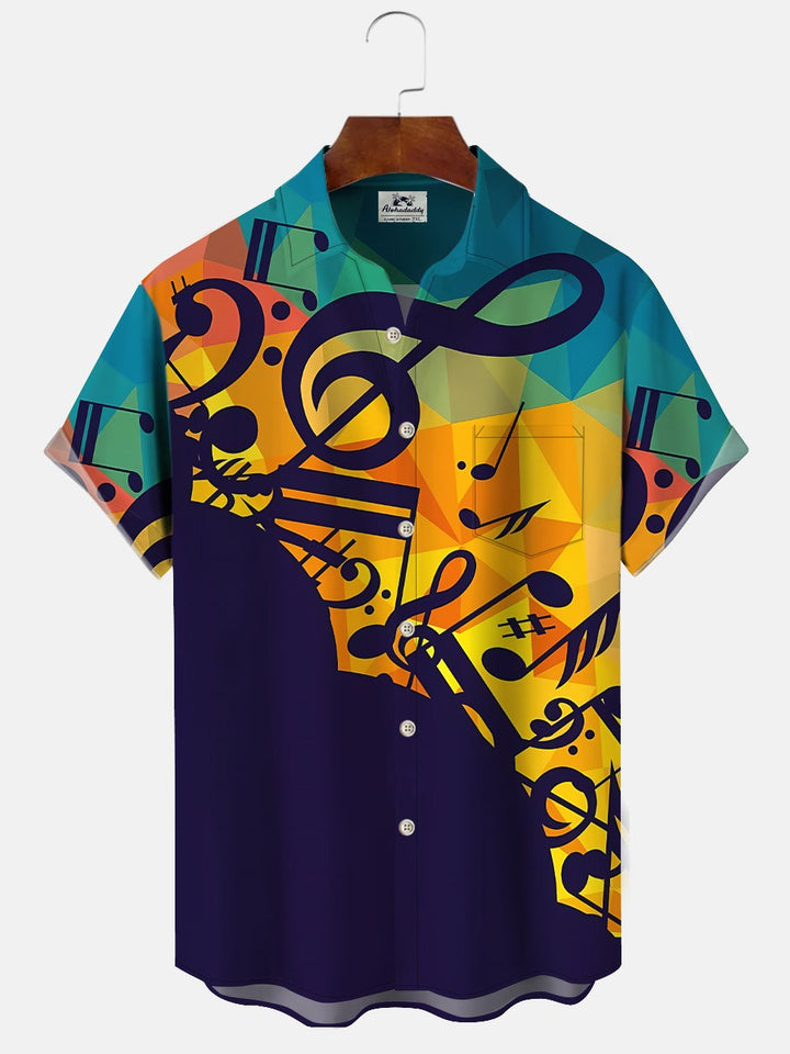 Alohadaddy Retro Music Contrast Button Pocket Casual Short Sleeve Shirt