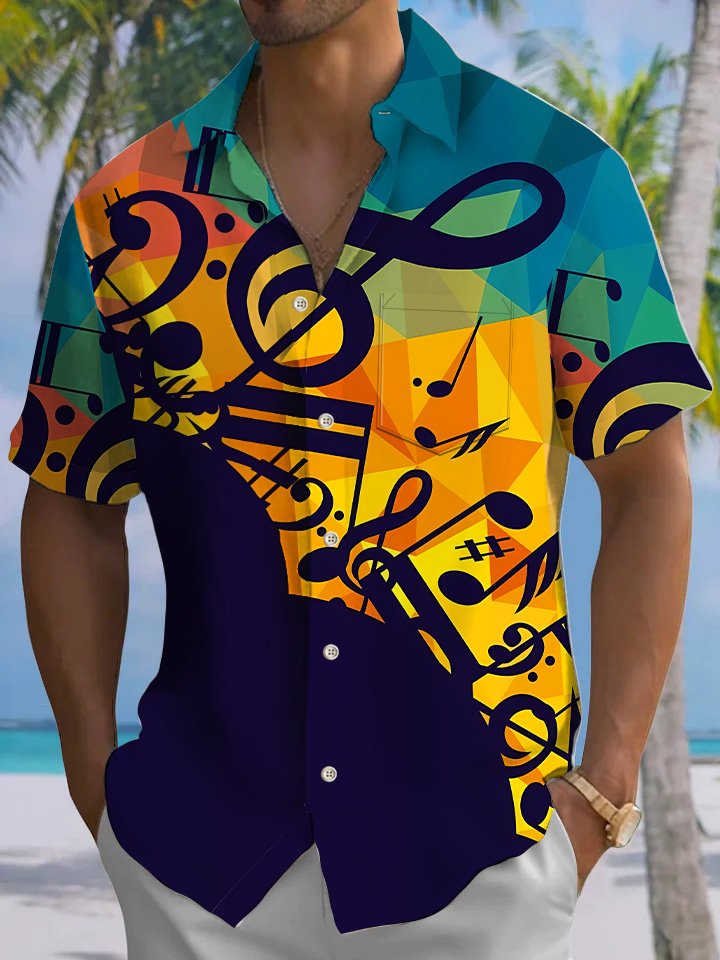 Alohadaddy Retro Music Contrast Button Pocket Casual Short Sleeve Shirt
