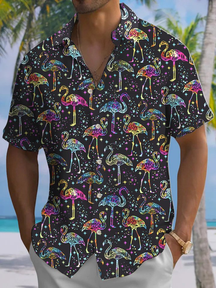 Alohadaddy Flamingo Button Pocket Casual Short Sleeve Vacation Shirt