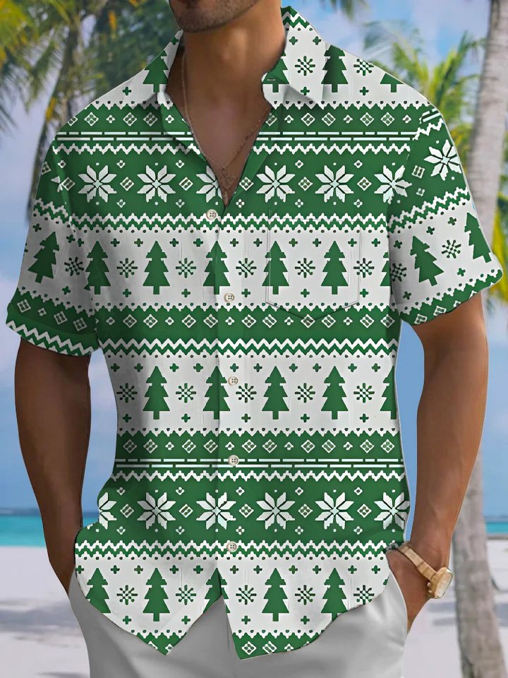 Alohadaddy Christmas Button Pocket Casual Short Sleeve Shirt