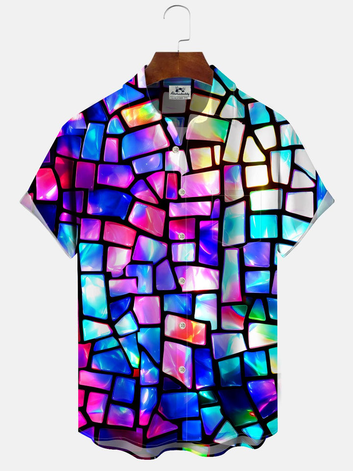 Alohadaddy Geometric Gradient Button Pocket Casual Short Sleeve Shirt