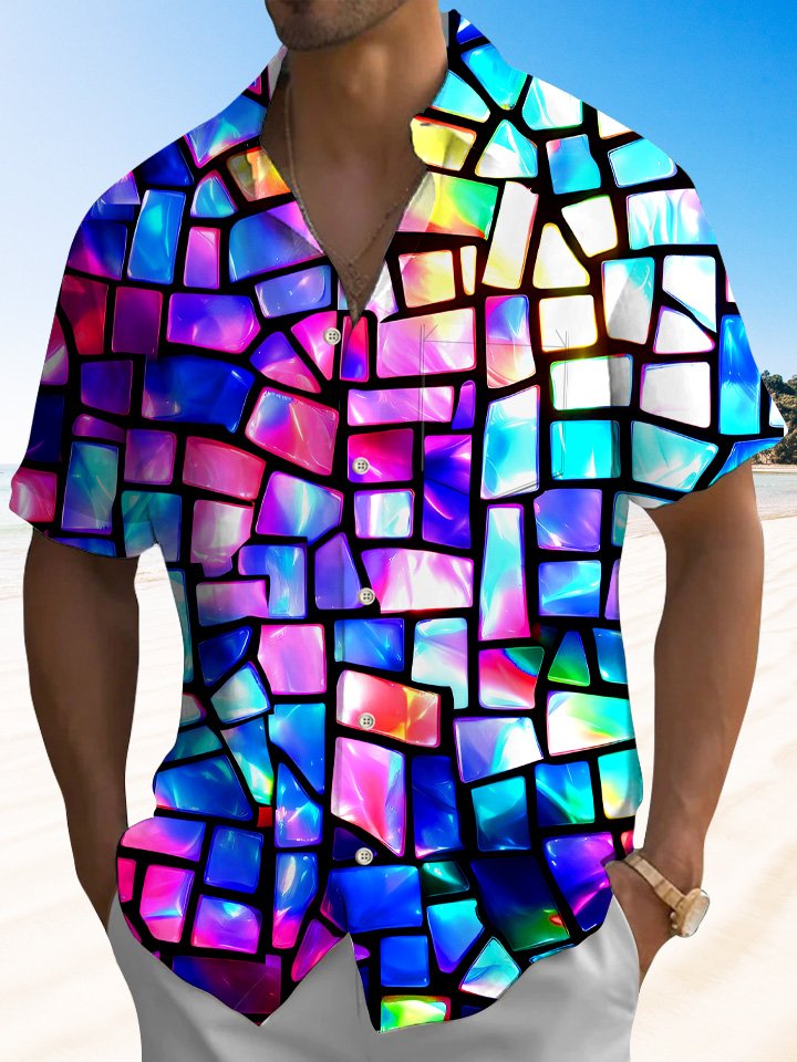 Alohadaddy Geometric Gradient Button Pocket Casual Short Sleeve Shirt