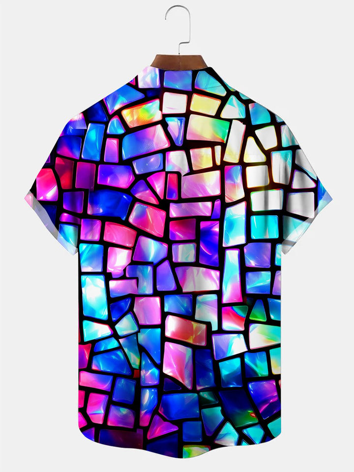 Alohadaddy Geometric Gradient Button Pocket Casual Short Sleeve Shirt