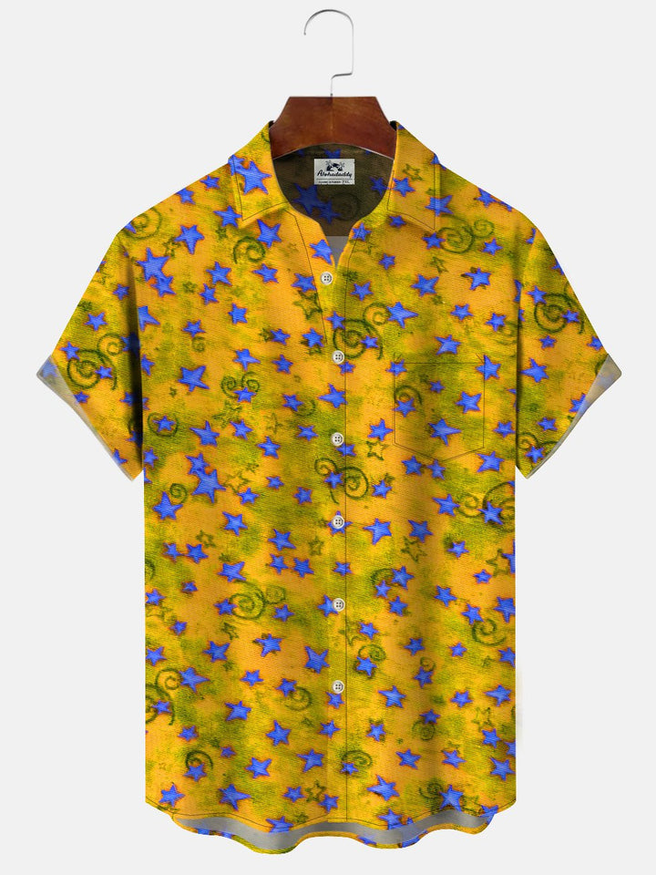 Alohadaddy Star Geometric Pattern Button Pocket Casual Short Sleeve Shirt