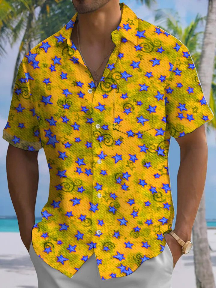 Alohadaddy Star Geometric Pattern Button Pocket Casual Short Sleeve Shirt