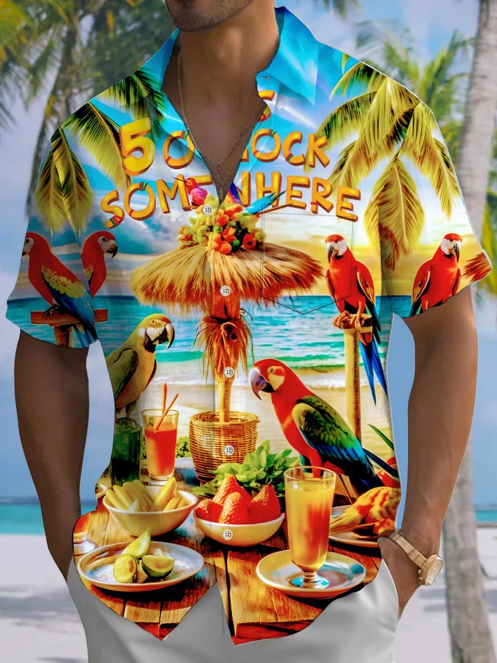 Alohadaddy Beach Parrot Vacation Button Pocket Casual Short Sleeve Shirt
