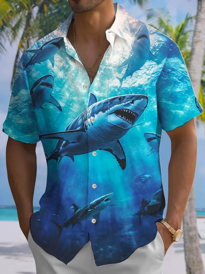 Alohadaddy Ocean Shark Button Pocket Casual Short Sleeve Shirt